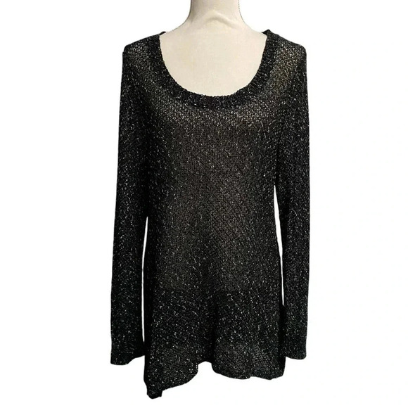 Eileen Fisher Designer Black Fishnet Knit Tunic Sweater Large Italian Yarn - Picture 1 of 13